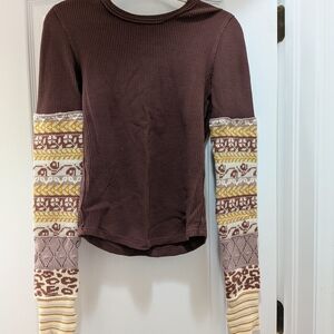 Free People Chocolate Waffle Knit Top with Patterned Long Sleeves